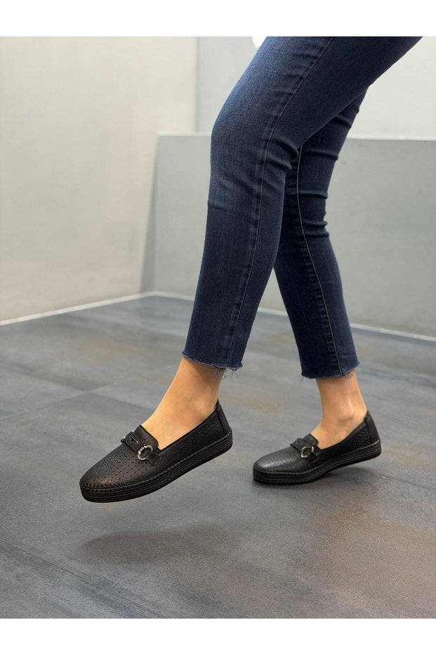 Black Leather Laser Buckled Women's Casual Shoes