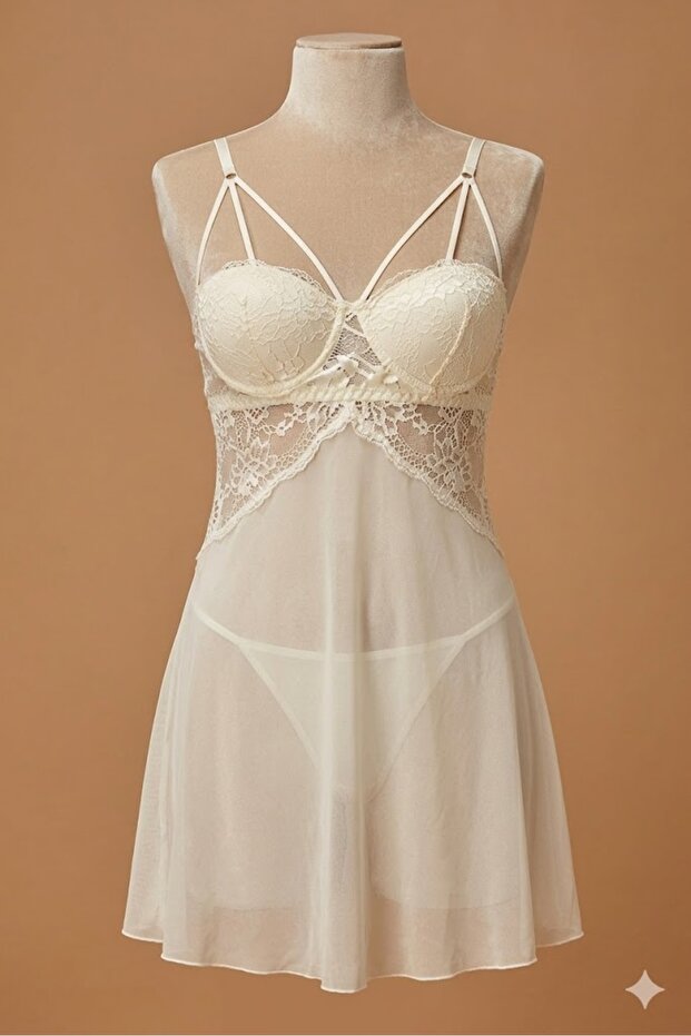 Women'S, Short, Covered, Lace Detailed, Rope Strap, Chiffon Nightgown