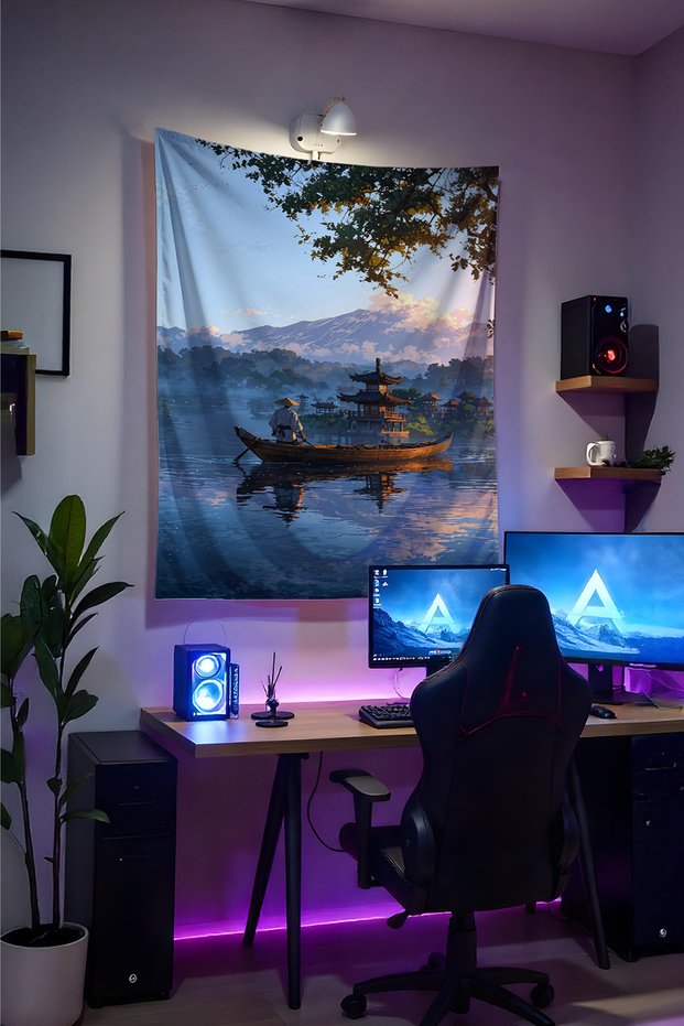 Samurai Landscape Wall Covering– High-Quality Fabric, Gamer Room Decor Tapestry Wall Rug Si