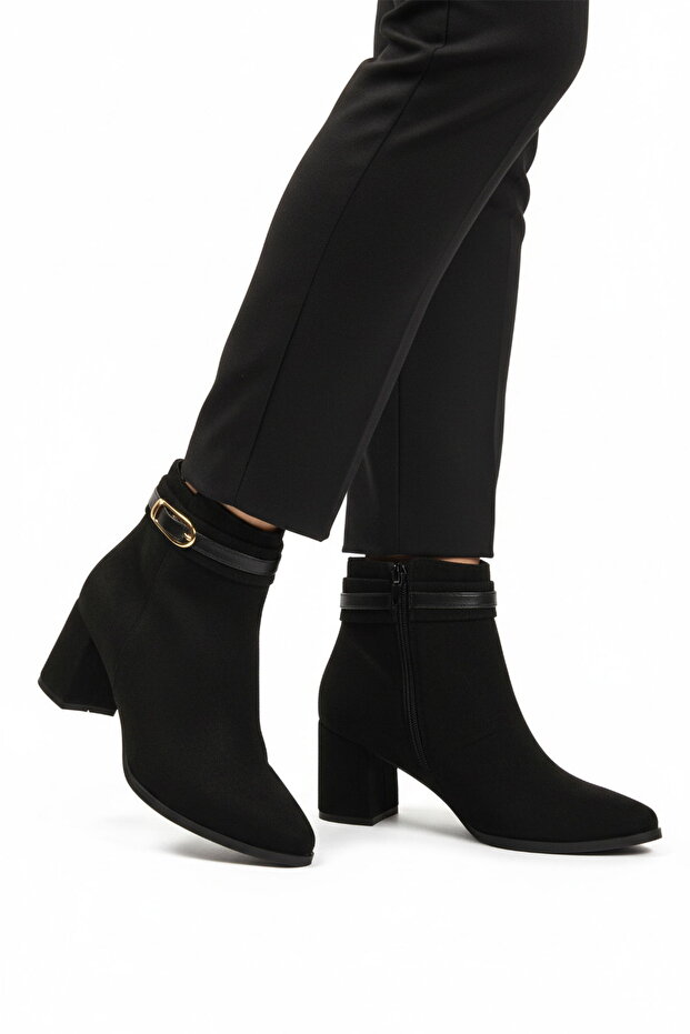 Black Suede Zippered Women's Heeled Boots with Fur Inside