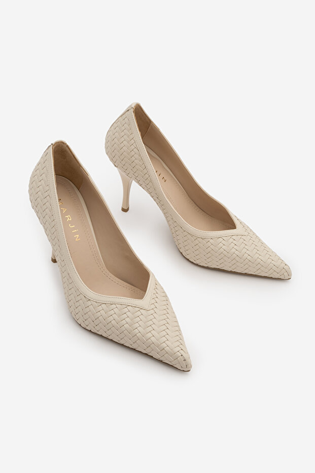 Women's Stiletto Pointed Toe V-Neck Knitted Patterned Classic Heeled Shoes Elnos Ecru