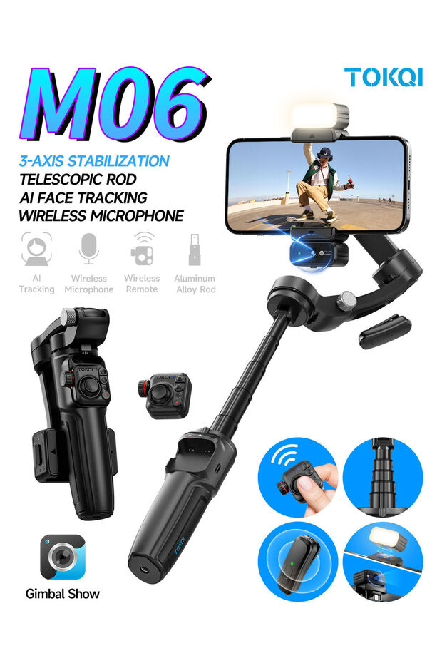 M06 3-Axis Smartphone Gimbal with AI Tracking & Wireless Mic