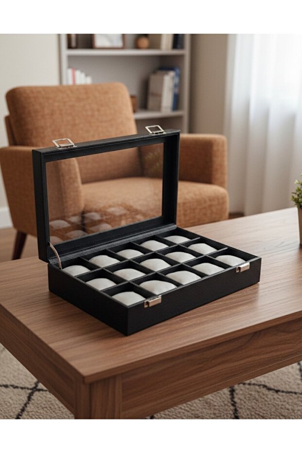 Storage Box with Bag Compartments, 15 Compartments, Wooden with Faux Leather Layers.