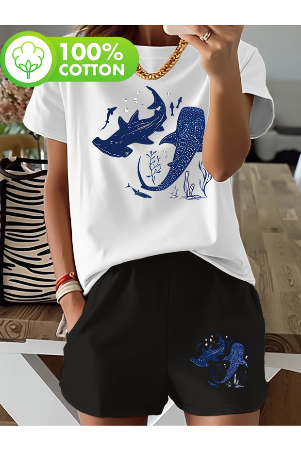 Fai̇sh Shorts T-Shirt - Shorts and Top Tracksuit Set B Printed O Oversized Crew Neck