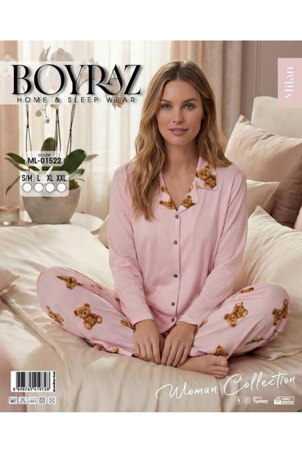 White Wholesale Women's Patterned Long Sleeve Pajama Set - Cotton Piece Textured Comfortable Fit Homewear Set