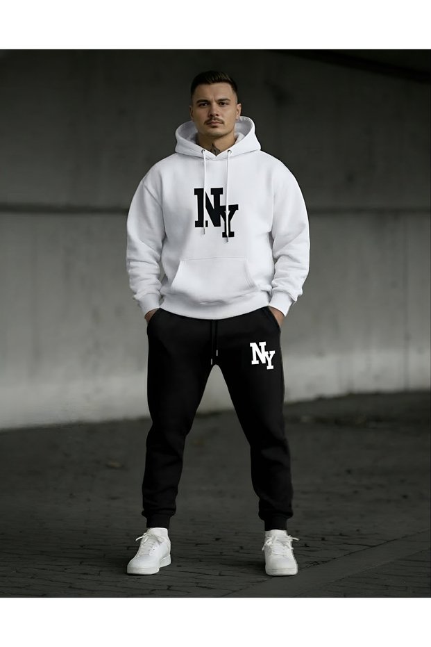 New Season Hooded Ny Printed Full Winter Complete Brushed Inside Sweatshirt Tracksuit Set 2-Piece