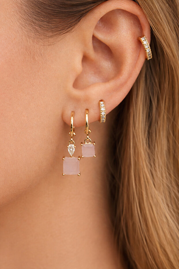 Drop and Square Stone Hoop Earring Set – Minimal 3-Piece Combination Earrings with Zircon Stones