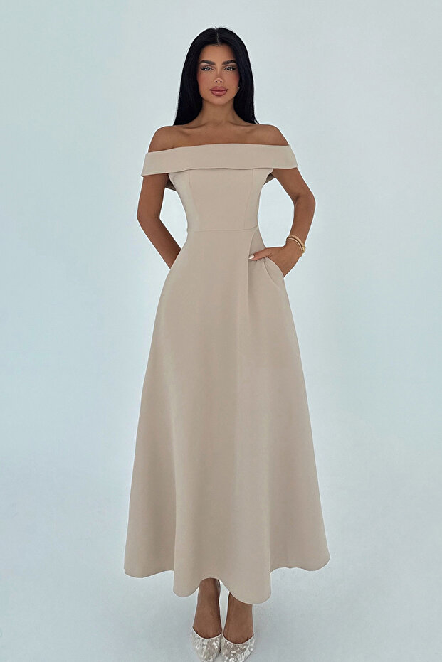 Beige Creil Strapped Double Fabric Long Dress TNS-4423