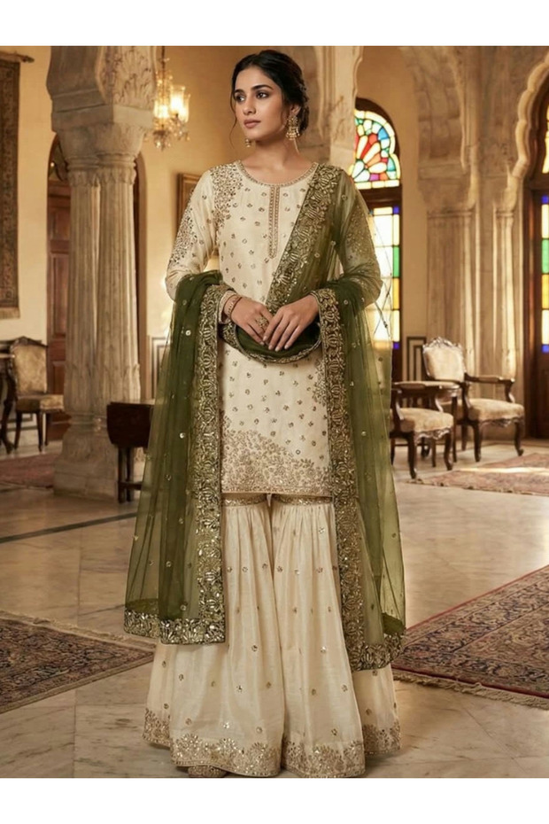 Mehandi Silk Top Plazzo & Dupatta - FFT7276 -Mehandi