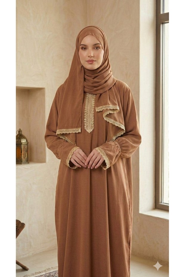 Prayer Dress/ Namazi with Lace Trim Detailing & Attached Sheila