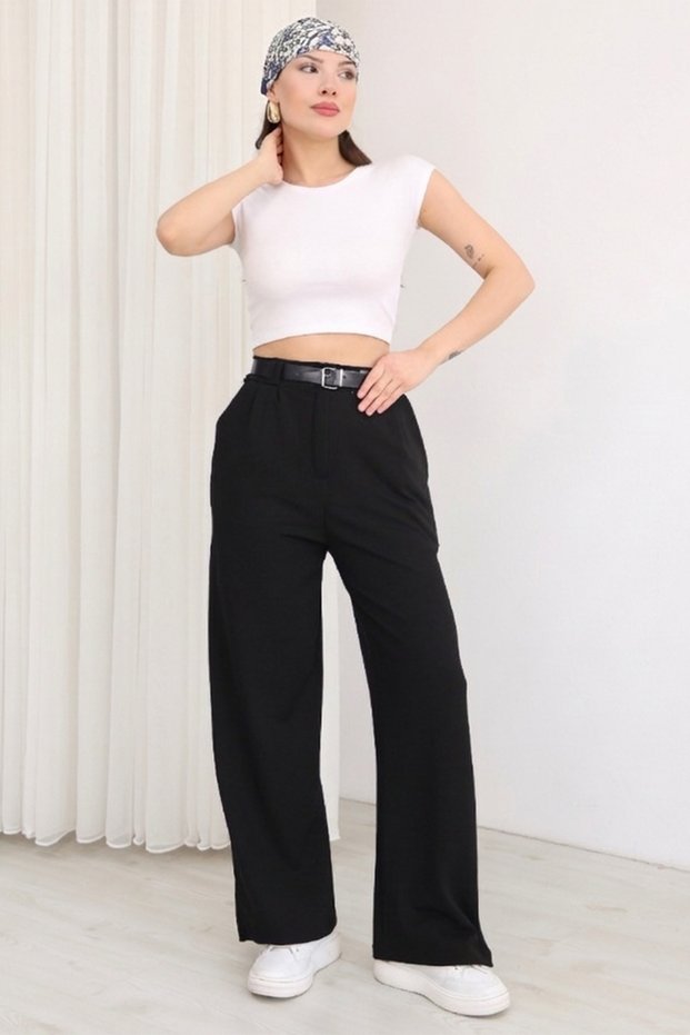 Women's Belt Detail High-Waisted Fabric Pants – Wide-Leg Stylish Casual Pants