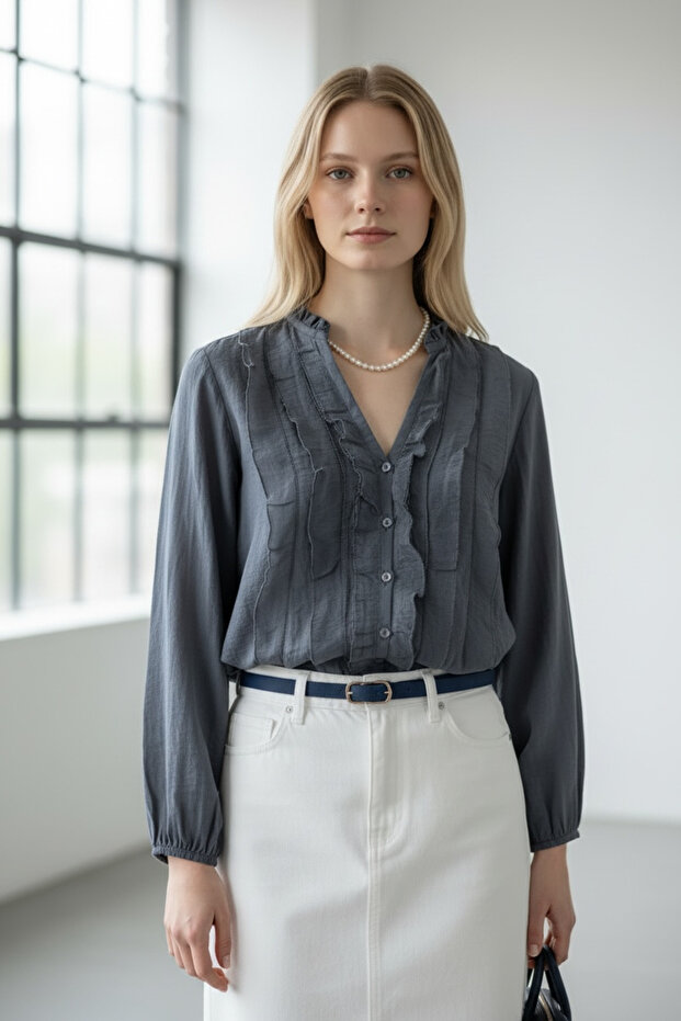 Women's Beige Sheer Ruffle Shirt