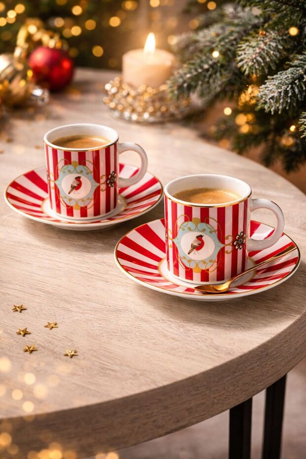 Set of Striped Retro Bird Patterned Red Striped Turkish Coffee Cups 90 Cc