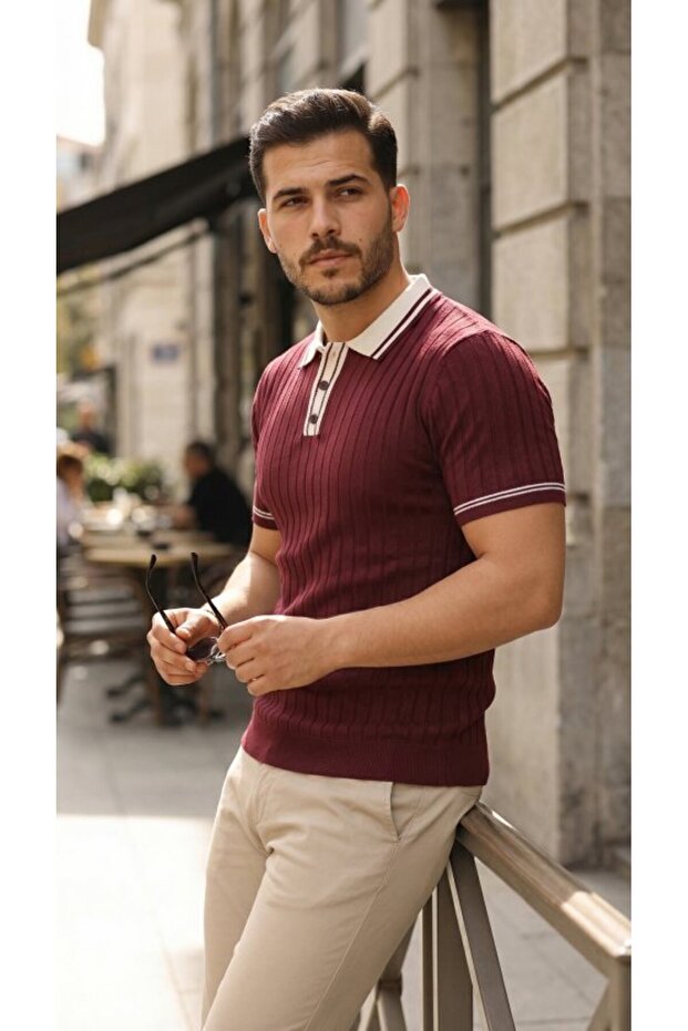 Men's Button Collar Contrast Collar Knitwear T-Shirt