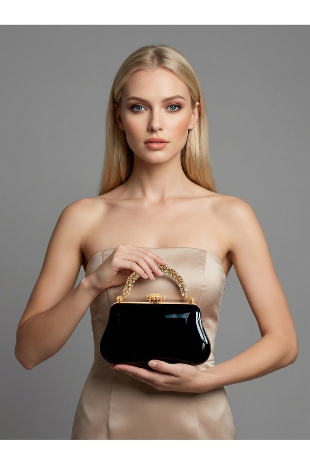 Black Color Luxury Patent Leather Gold Detailed Chain Strap Women's Evening Dress Bag Wedding Engagement Graduation