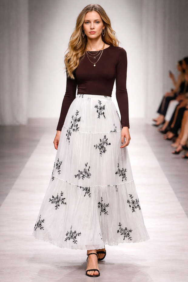 Elegant Embroidered Crepe Fabric Chiffon Skirt with Elastic Waistband and Three Layers of Ruffles