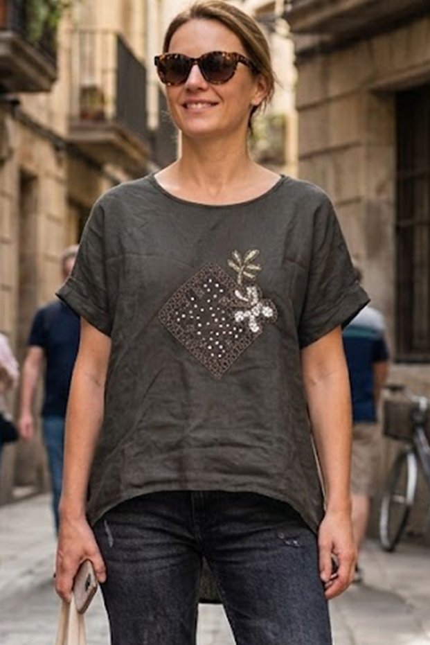 Women's Italian Brown Sequin Embroidery Embroidered Short Sleeve 100% Ke Linen Luz