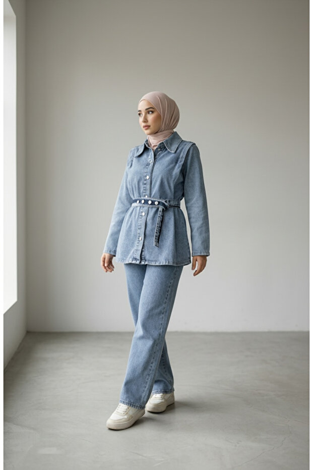 Denim Shirt and Pants Set-Blue