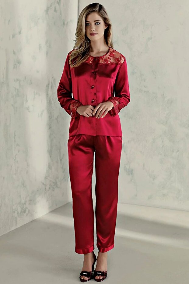 Women's Lace Detailed, Long Sleeve Satin Pajama Set