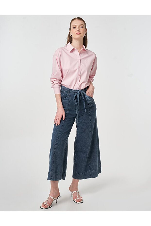 Washable Denim Pants with Belt Detail Blue