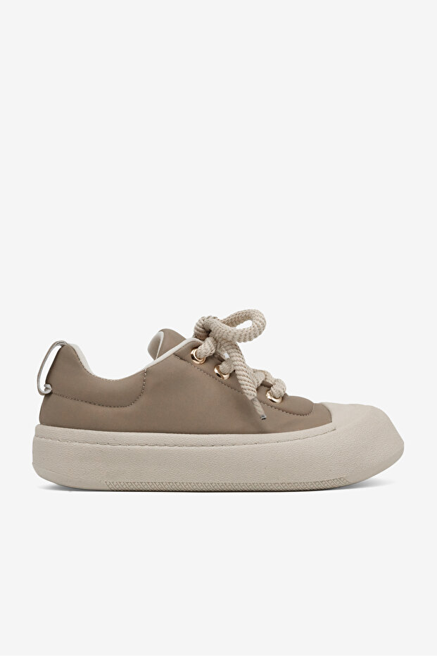Women's Beige Comfortable Fit Rubber Sole Lace-Up Sneakers