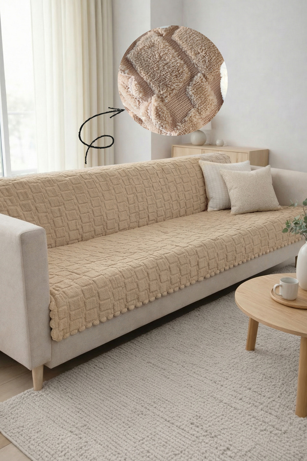 Geometric Patterned , 3D Sofa Cover - Non-Slip Floor Mat - 180X215 cm - Cappuccino