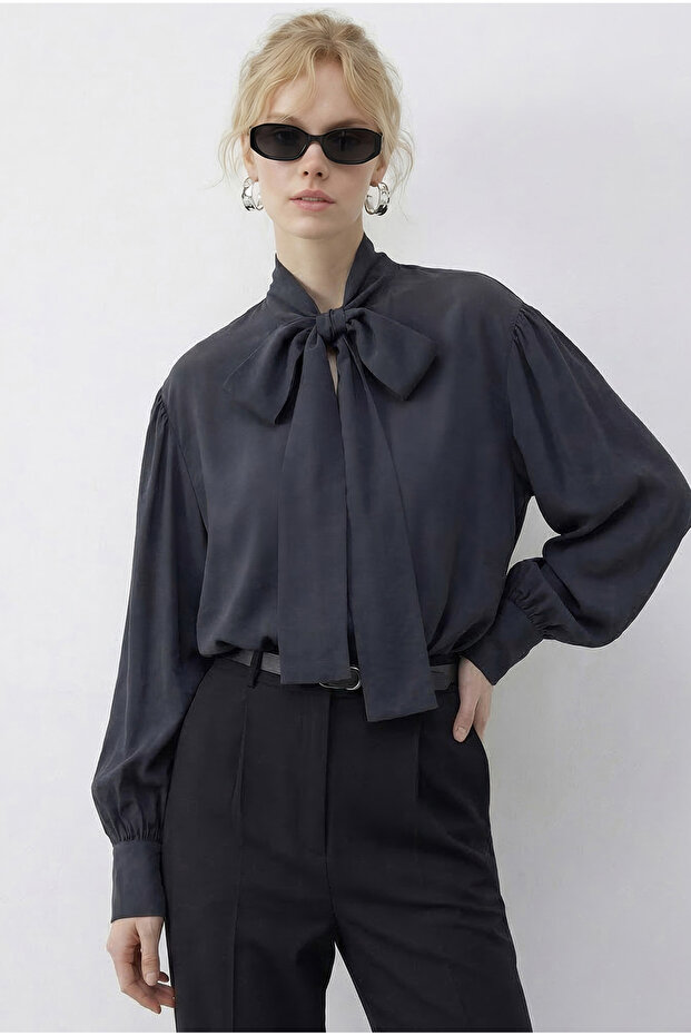 Women's Anthracite Collar Tie Detailed Blouse 8101 60286018