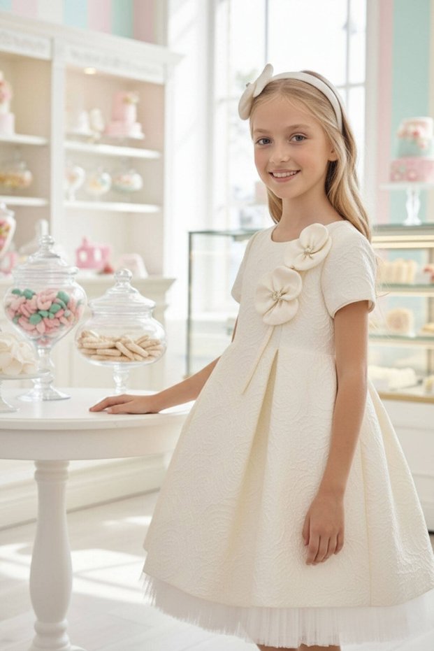 Floral Detailed Birthday and Party Girl Evening Dress Gown Bandana Set 3-4-5-6-7 Years 36190Pr