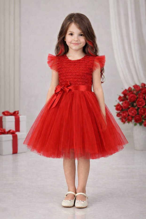 Tulle Piece Girls' Evening Dress with Sleeves, Party Dress, Silvery