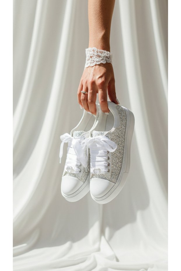 White Glitter Sports Bridal Shoes Flat Sole Comfortable Evening Dress Wedding Dress Shoes