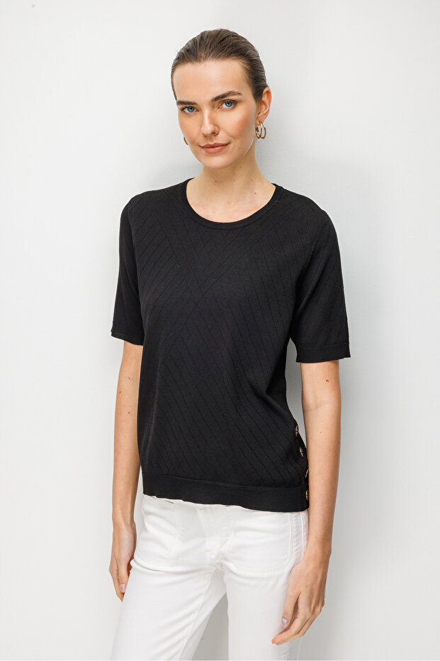 Women's Crew Neck Blouse Striped with Side Buttons Fine Knit Black