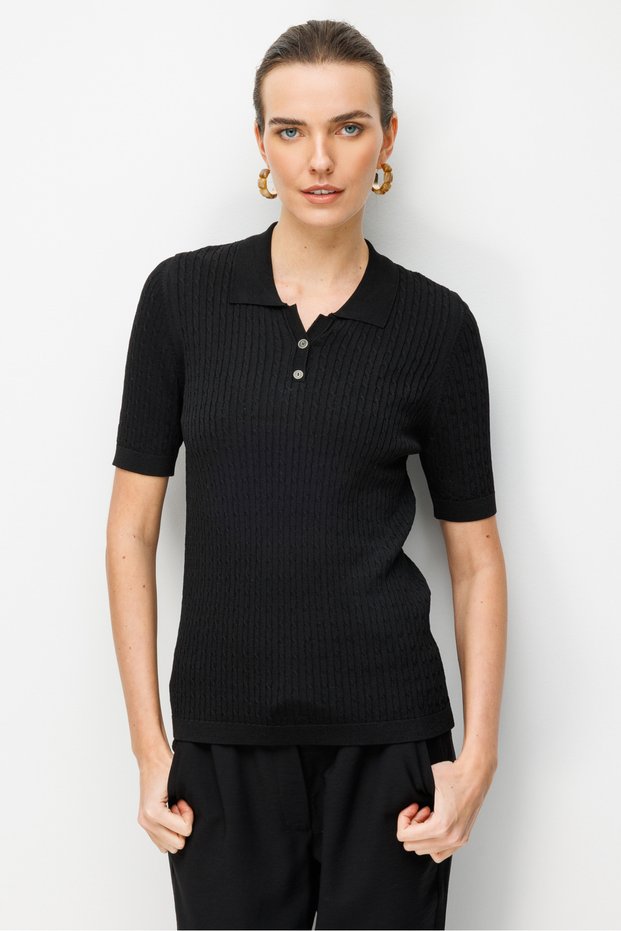 Women's Polo Neck Hair Braided Fine Knit Blouse Black