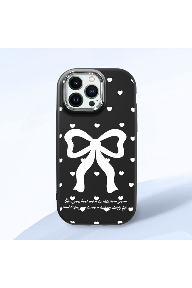 iPhone 14 Pro Compatible Camera Protected Black Soft Silicone Phone Case Bowknot Patterned
