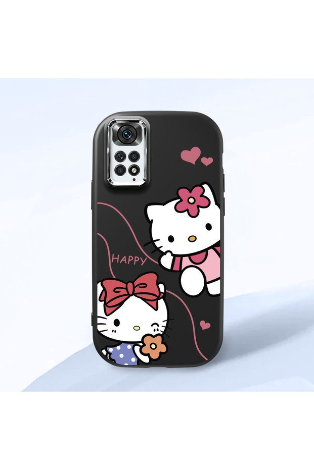 Redmi Note 11S Compatible Camera Protected Black Soft Silicone Phone Case Hello Kitty Patterned