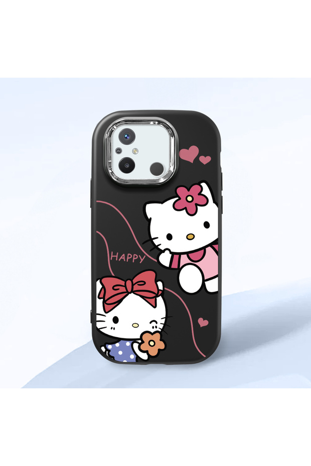 Redmi 12C Compatible Camera Protected Black Soft Silicone Phone Case Hello Kitty Patterned
