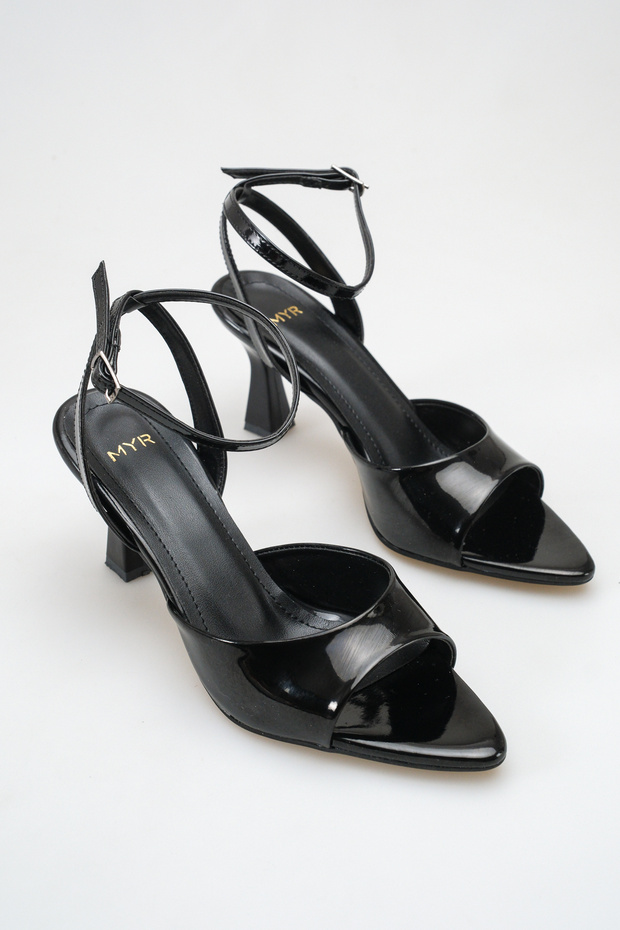 Women's Pointed Toe Ankle-Tie Heeled Shoes Black Patent Leather