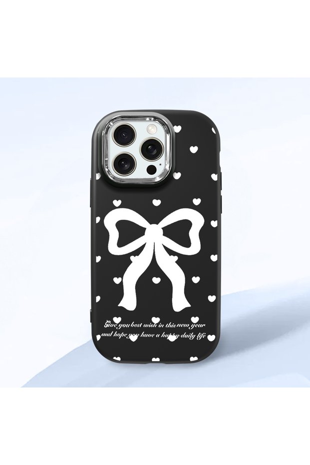 iPhone 15 Pro Max Compatible Camera Protected Black Soft Silicone Phone Case Bowknot Patterned