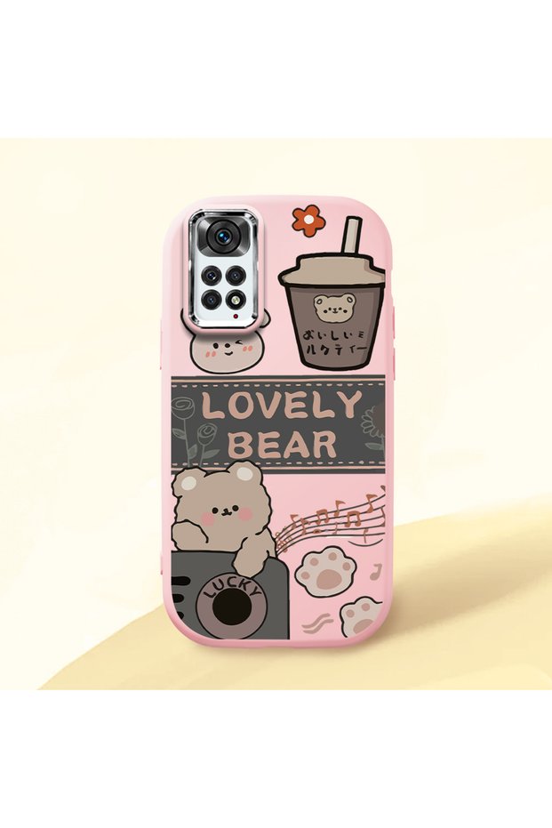 Redmi Note 11S Compatible Camera Protected Pink Soft Silicone Phone Case Cute Bear Patterned