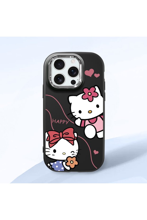iPhone 16 Pro Compatible Camera Protected Black Soft Silicone Phone Case Hello Kitty Patterned