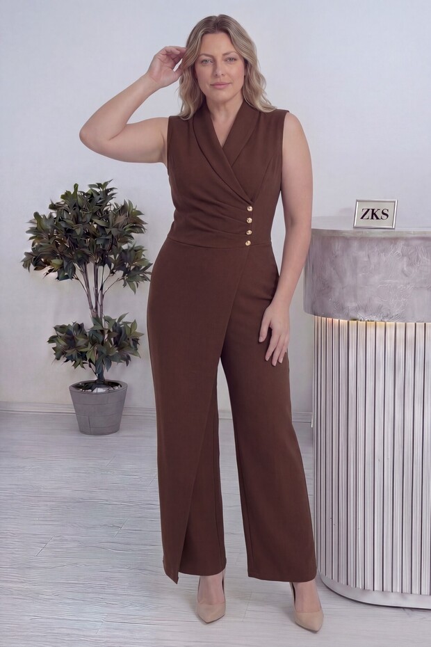 Women's Double-Breasted Collar Button Detailed Plus Size Jumpsuit Brown, Black