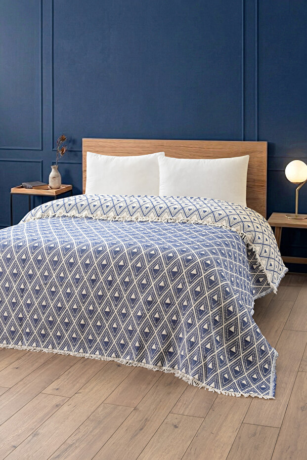 Piramit Patterned Navy Blue Muslin Single Duvet 180X220 cm - 100% Cotton Soft Bedspread