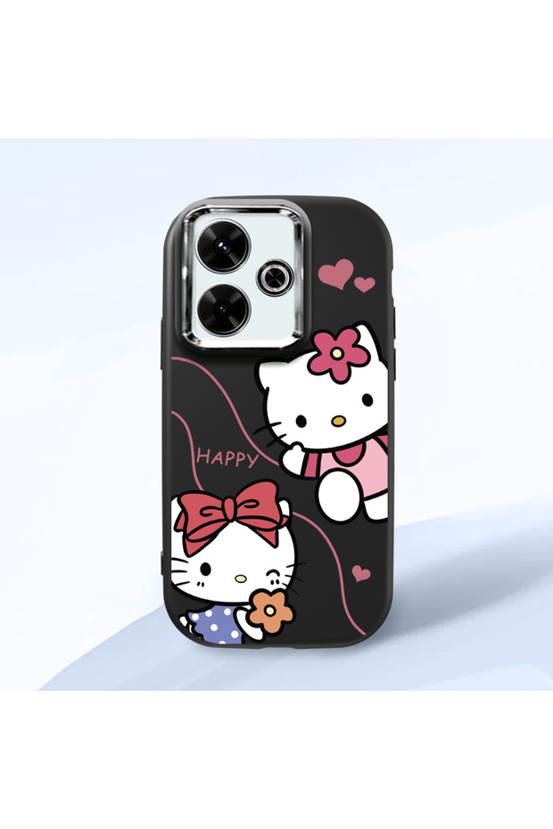 حافظة هاتف من السيليكون الناعم باللون الأسود متوافقة مع كاميرا Poco M6 Hello Kitty منقوش