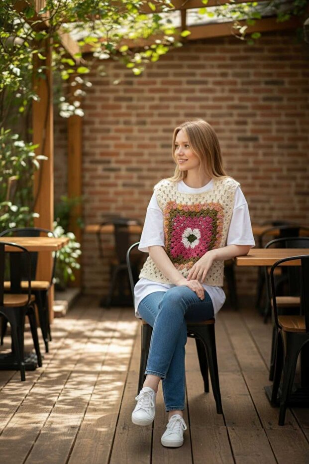 Reversible Wearable Women's Sweater with Hand Knitted Motifs