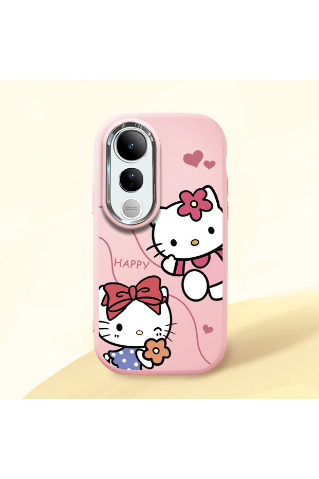 حافظة هاتف من السيليكون الناعم باللون الوردي متوافقة مع كاميرا Vivo V50 Lite، حافظة هاتف Hello Kitty منقوش