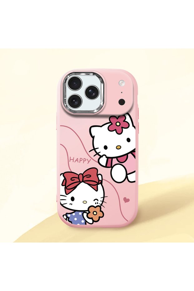 iPhone 18 Pro Max Compatible Case Camera Protector Pink Kitty Pattern Silicone Lover Couple Phone Case