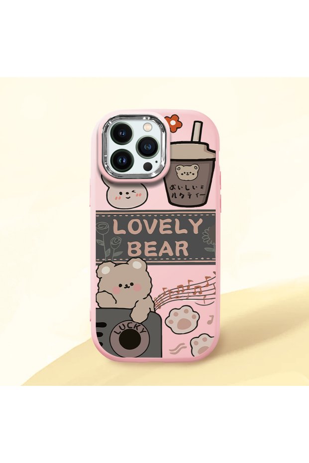 iPhone 14 Pro Compatible Camera Protected Pink Soft Silicone Phone Case Cute Bear Patterned