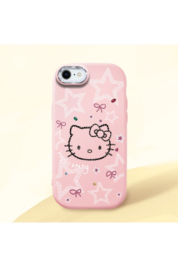 حافظة هاتف من السيليكون الناعم باللون الوردي متوافقة مع هاتف iPhone SE 2022 مع حماية للكاميرا Hello Kitty منقوش