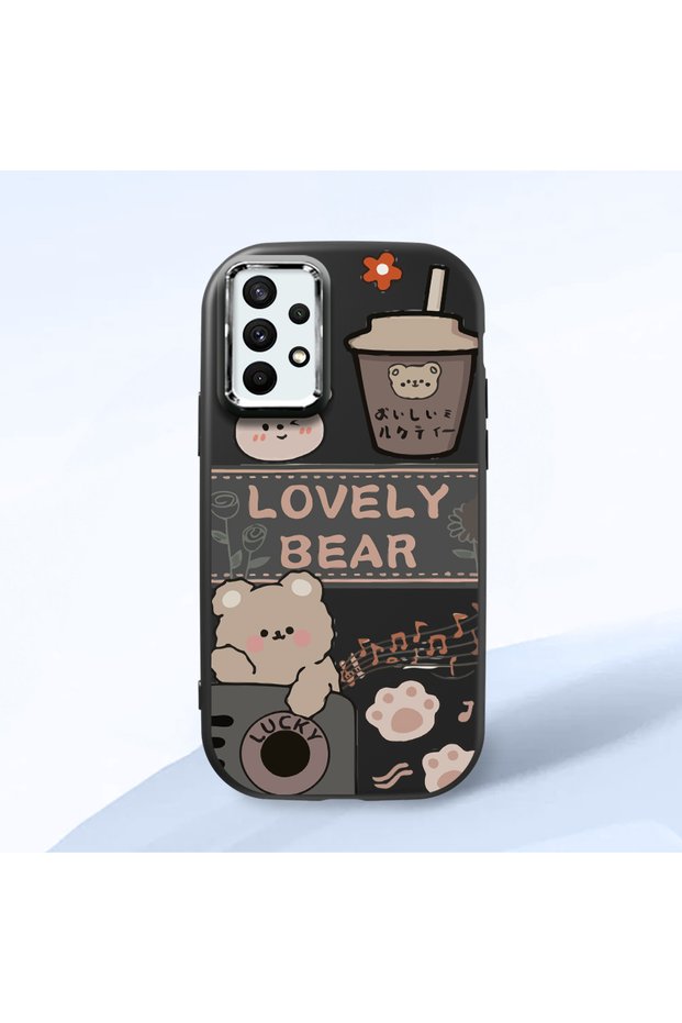 Samsung Galaxy A32 Compatible Camera Protected Black Soft Silicone Phone Case Cute Bear Patterned