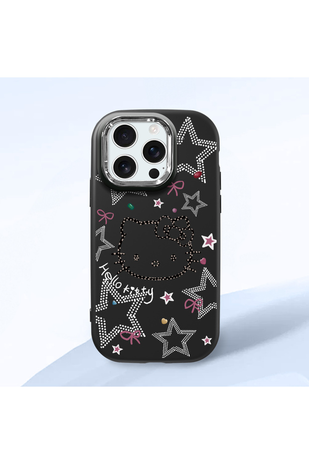 iPhone 16 Pro Compatible Hello Kitty Patterned Camera Protected Black Soft Silicone Phone Case