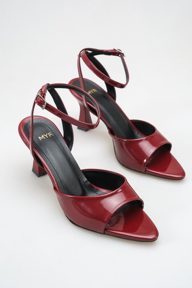 Women's Pointed Toe Ankle-Tie Heeled Shoes Claret Red Patent Leather